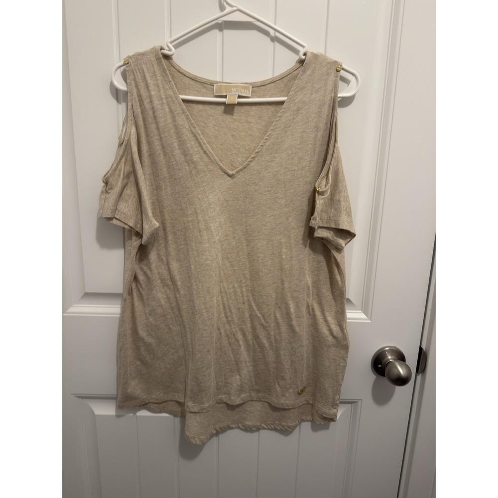 Michael Kors Women's Tan Cold Shoulder Vneck Shirt‎ Size Medium